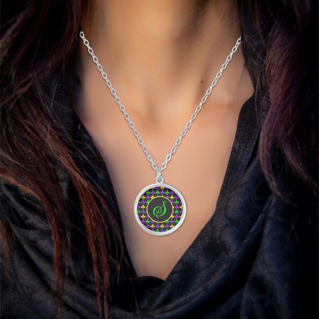 Mardi Gras Fleur de Lis Pattern Custom Monogram Silver Plated Necklace (Creator Uploaded)