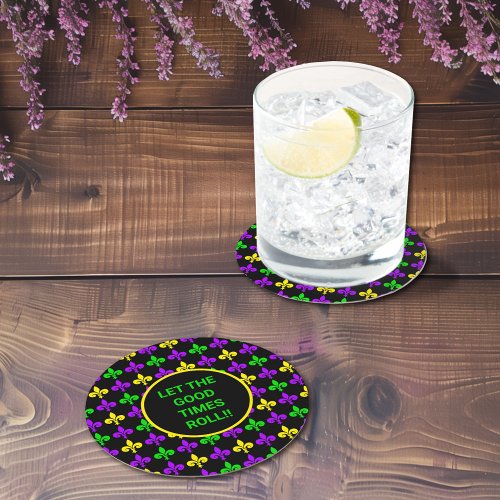 Mardi Gras Fleur de Lis Pattern Custom Text Round Paper Coaster