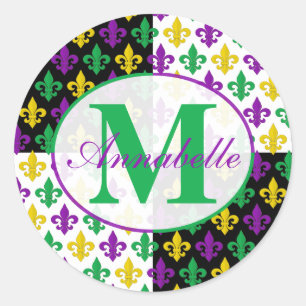Mardi Gras Fleur-de-lis Pattern Personalized Classic Round Sticker
