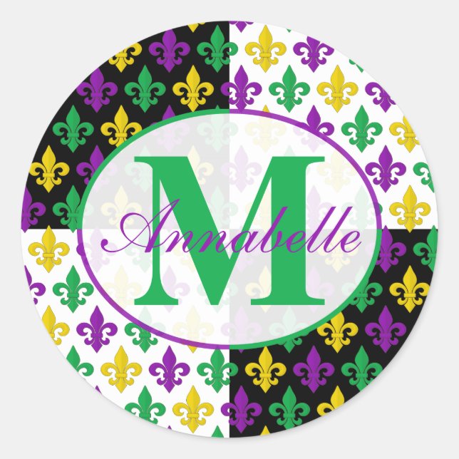 Mardi Gras Fleur-de-lis Pattern Personalized Classic Round Sticker (Front)