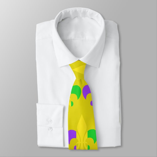 Mardi Gras Fleur-de-Lis Purple Green Yellow Neck Tie (Tied)