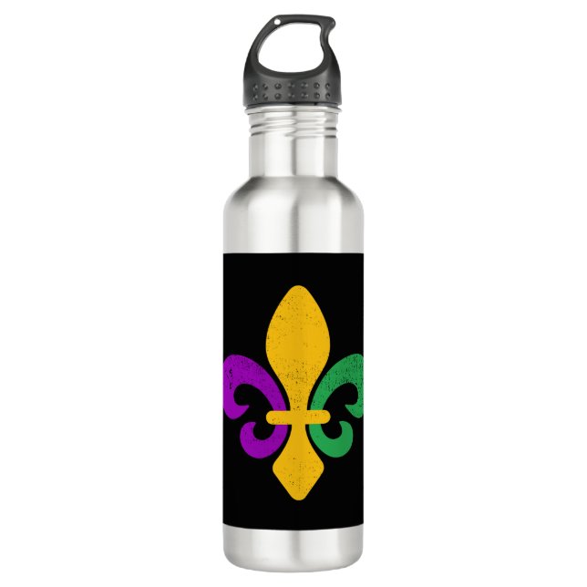 Mardi Gras Fleur De Lis Stainless Steel Water Bottle (Front)