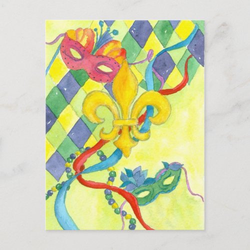 Mardi Gras Fleur De Lis Watercolor Art Yellow Postcard