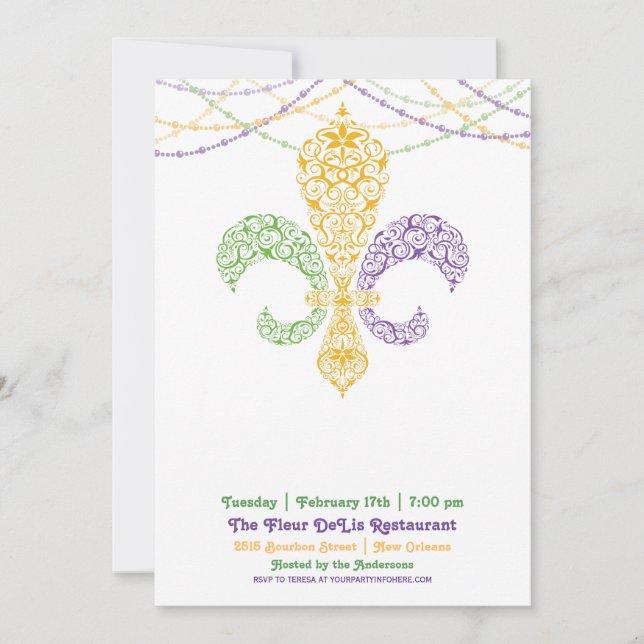 Mardi Gras Fleur DeLis Party 2 Invitation (Front)