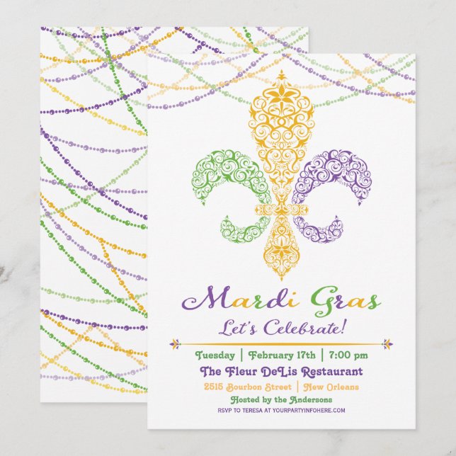 Mardi Gras Fleur DeLis Party Invitation (Front/Back)