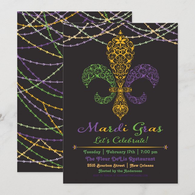 Mardi Gras Fleur DeLis Party Invitation on Black (Front/Back)