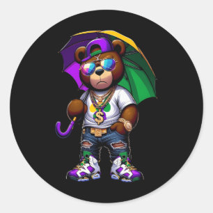 Mardi Gras For Boys Mens Hip Hop Teddy Bear New Or Classic Round Sticker