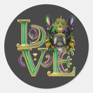 Mardi Gras French Bulldog Word LOVE Masquerade  Classic Round Sticker