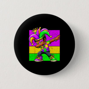 Mardi Gras Funny Dabbing Black Boy Jester Hat Kid  Button