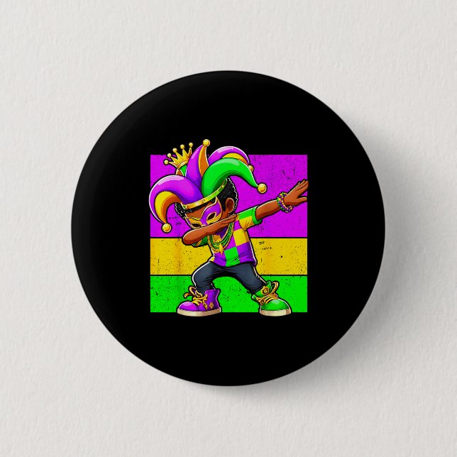 Mardi Gras Funny Dabbing Black Boy Jester Hat Kid  Button (Front)