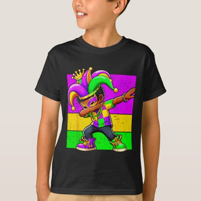 Mardi Gras Funny Dabbing Black Boy Jester Hat Kid  T-Shirt (Front)