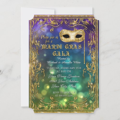 Mardi Gras Gala Masquerade Mask Bokeh Gold Glitter Invitation