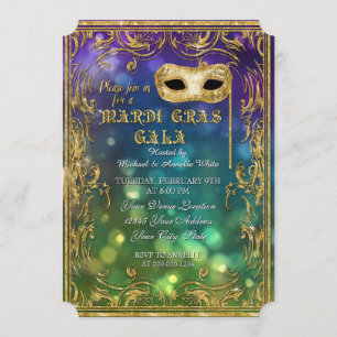 Mardi Gras Gala Masquerade Mask Bokeh Gold Glitter Invitation