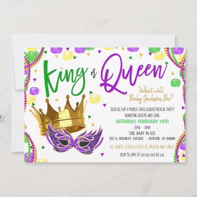 Mardi Gras Gender Reveal Invite (Front)