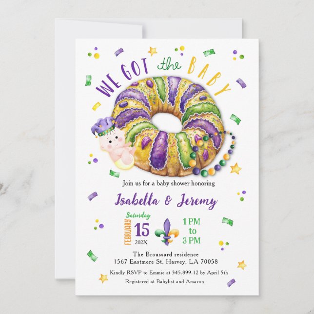Mardi Gras Gender Reveal Lt Skin Tone Invitation (Front)