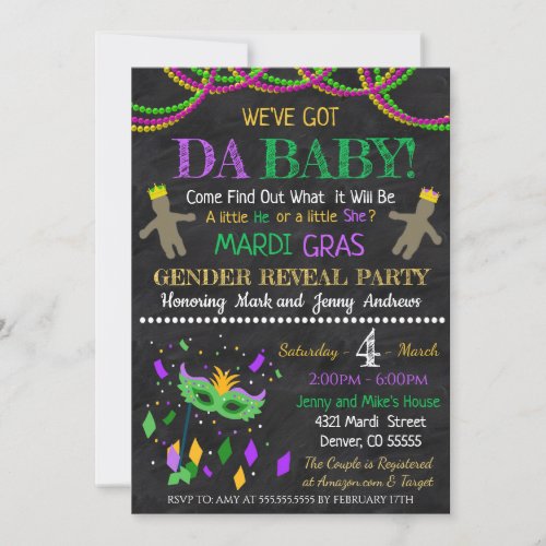 Mardi Gras Gender Reveal Party Invitation