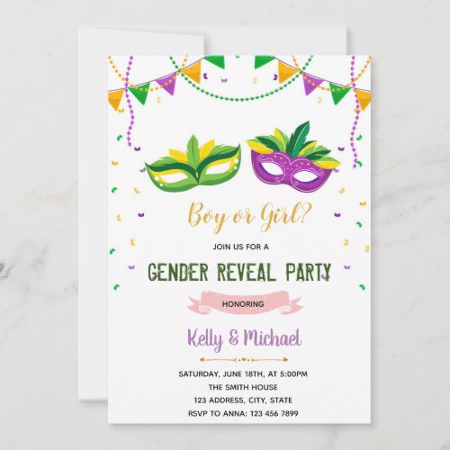 Mardi gras gender reveal shower invitation