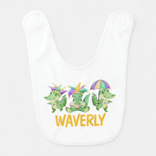 Mardi Gras Gingham and Gators Name  Baby Bib