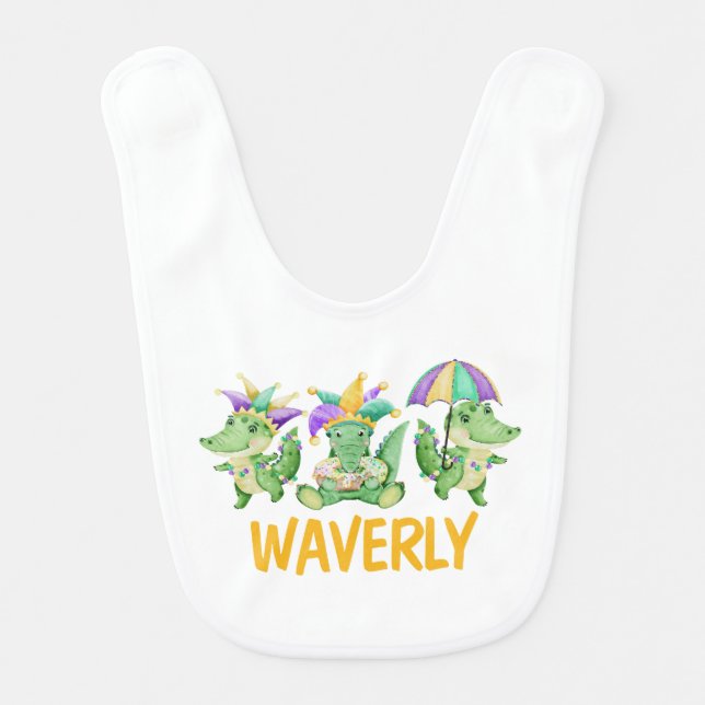 Mardi Gras Gingham and Gators Name  Baby Bib (Front)