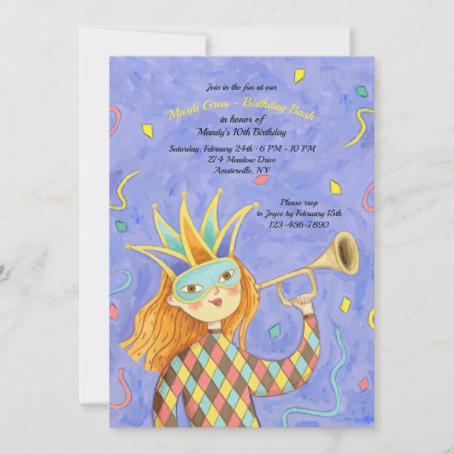 Mardi Gras Girl Birthday Invitation