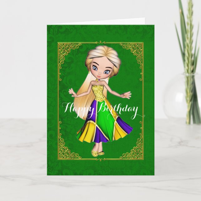 Mardi Gras Girl Green Birthday Card (Front)