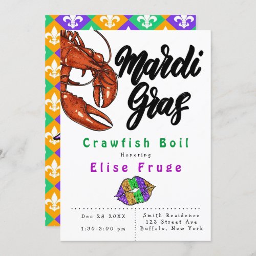 Mardi Gras Glitter Lips Crawfish Boil Invitation