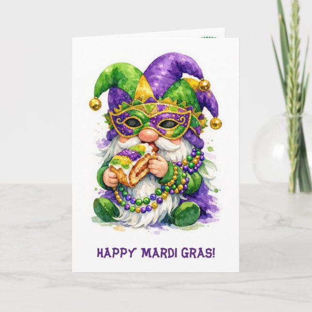 Mardi Gras Gnome Eating King Cake Card (Front)