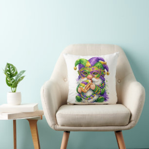 Mardi Gras Gnome Eating King Cake Throw Pillow