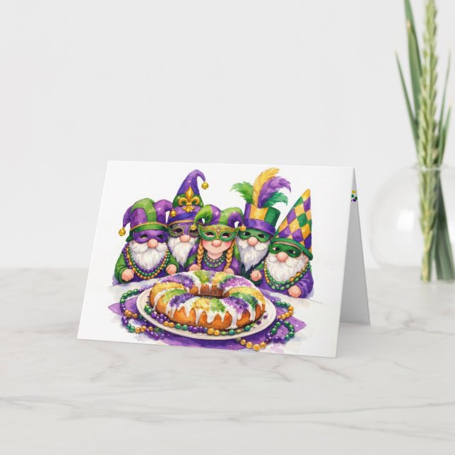Mardi Gras Gnome Party With King Cake Card (Front)