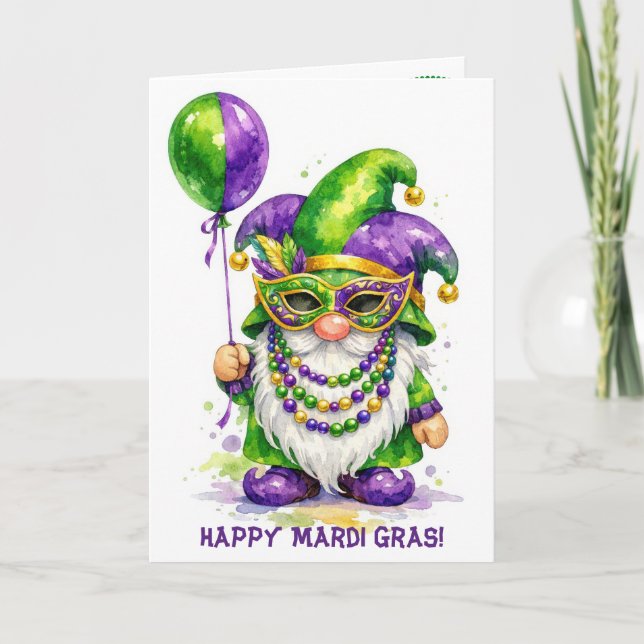 Mardi Gras Gnome with Party Balloon Card (Front)
