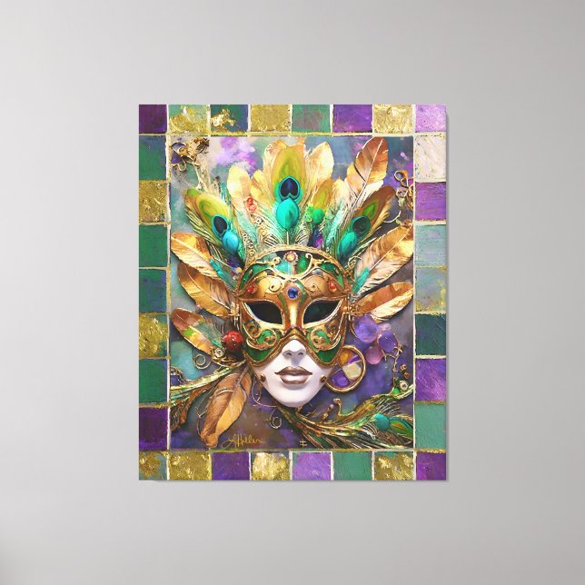 Mardi Gras Gold and Green Peacock Feather Mask Canvas Print (Front)
