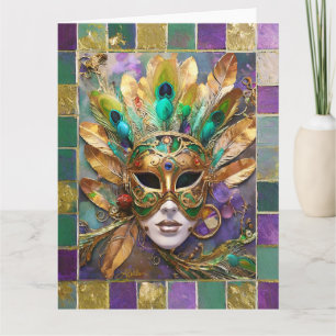 Mardi Gras Gold and Green Peacock Feather Mask Card