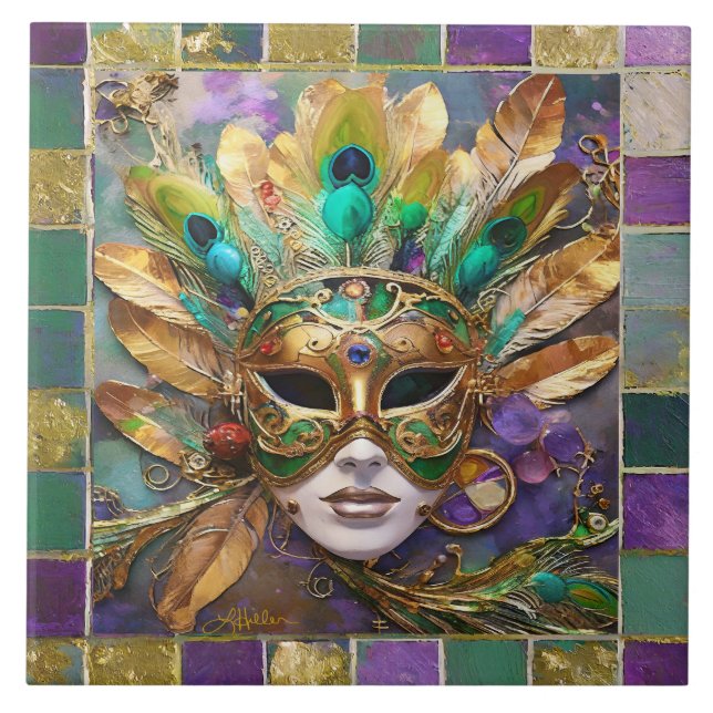 Mardi Gras Gold and Green Peacock Feather Mask Ceramic Tile (Front)