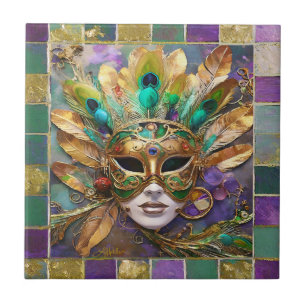 Mardi Gras Gold and Green Peacock Feather Mask Ceramic Tile