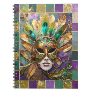 Mardi Gras Gold and Green Peacock Feather Mask Notebook