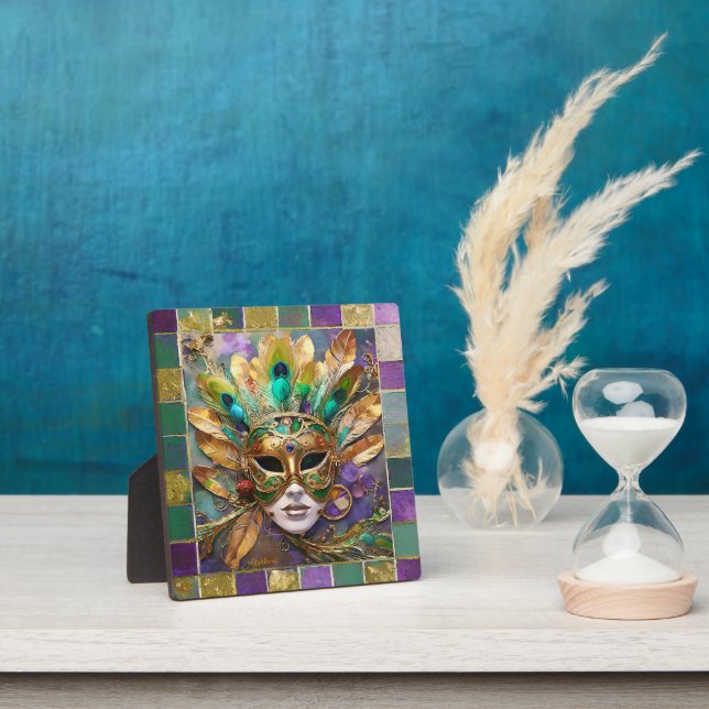 Mardi Gras Gold and Green Peacock Feather Mask Plaque (Insitu)