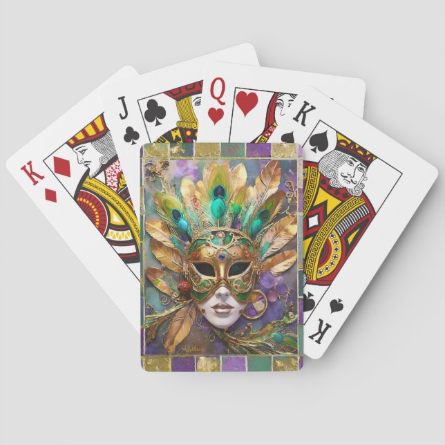 Mardi Gras Gold and Green Peacock Feather Mask Poker Cards (Back)