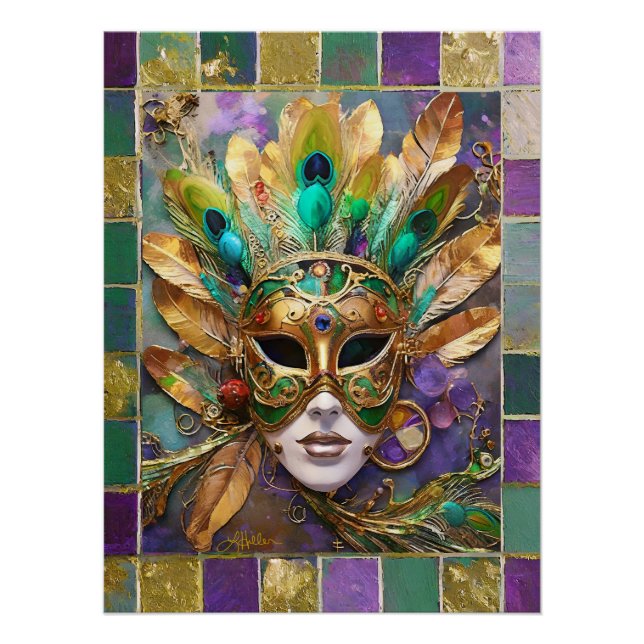 Mardi Gras Gold and Green Peacock Feather Mask Poster (Front)