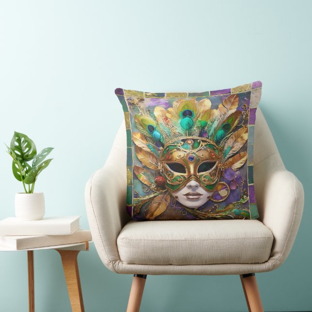 Mardi Gras Gold and Green Peacock Feather Mask Throw Pillow (Chair)