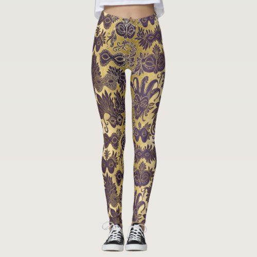 Mardi Gras Gold and Purple Masks Adjusted Leggings