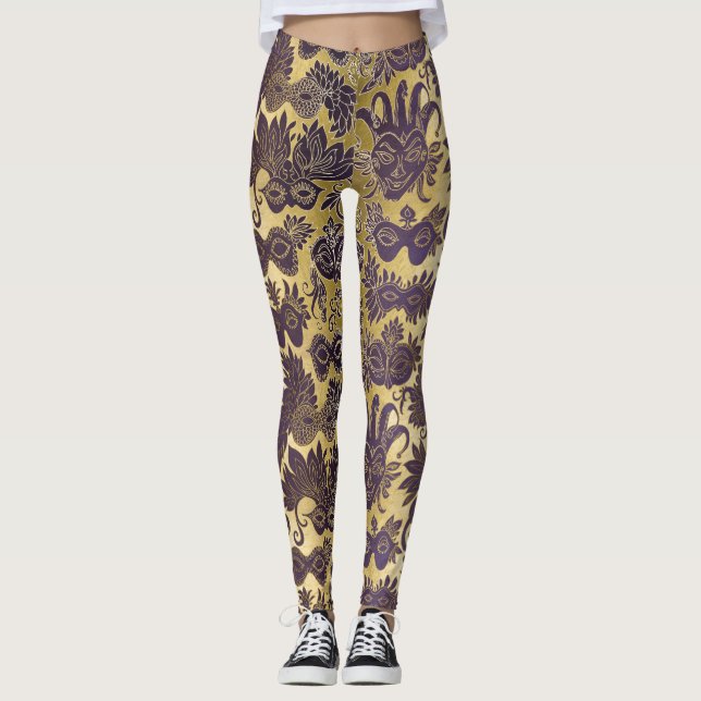 Mardi Gras Gold and Purple Masks Leggings (Front)