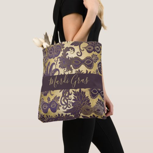 Mardi Gras Gold and Purple Masks Monogrammed Tote Bag