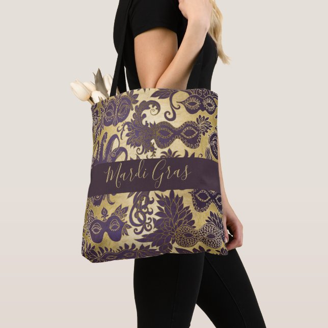 Mardi Gras Gold and Purple Masks Monogrammed Tote Bag (Close Up)