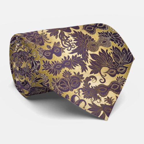 Mardi Gras Gold and Purple Masks Neck Tie