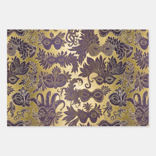 Mardi Gras Gold and Purple Masquerade Masks Wrapping Paper Sheets