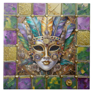 Mardi Gras Gold & Ceramic Colorful Feather Mask Ceramic Tile