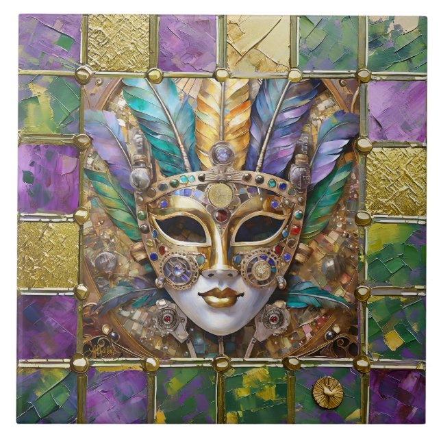 Mardi Gras Gold & Ceramic Colorful Feather Mask Ceramic Tile (Front)