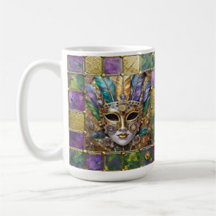 Mardi Gras Gold & Ceramic Colorful Feather Mask Coffee Mug