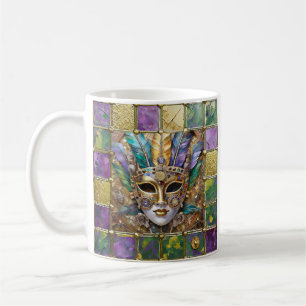 Mardi Gras Gold & Ceramic Colorful Feather Mask Coffee Mug