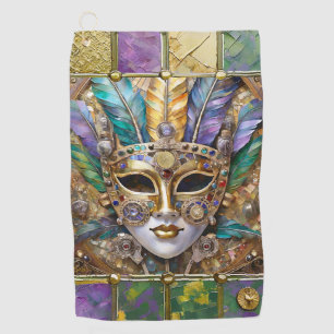 Mardi Gras Gold & Ceramic Colorful Feather Mask Golf Towel